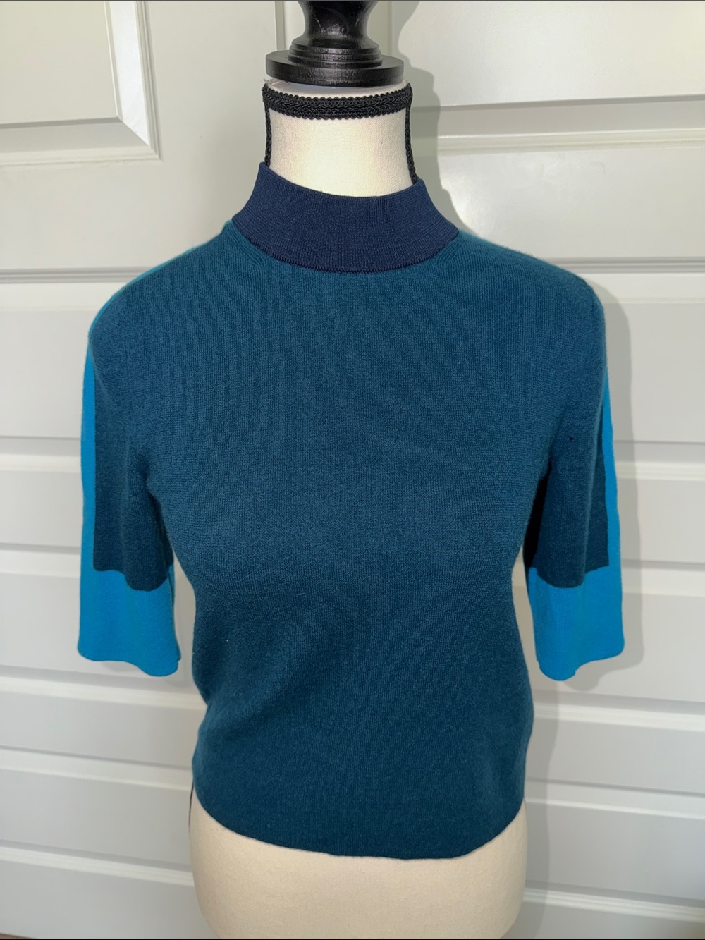 Tory Burch Teal and Blue Colorblock Mock-Neck Sweater